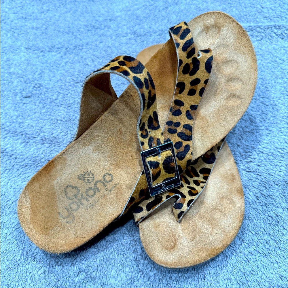 YOKONO Womens Ibiza Leopard Calf Hair Leather Sandals Cork Slide Size 7.5.